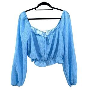 Lush Women’s Sky Blue Balloon Sleeve Cropped Peplum Babydoll Top Large